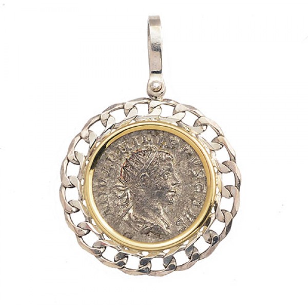 Roman Silver Double Denarius Coin in 14kt & Sterling Silver Pendant circa A.D. 244-249